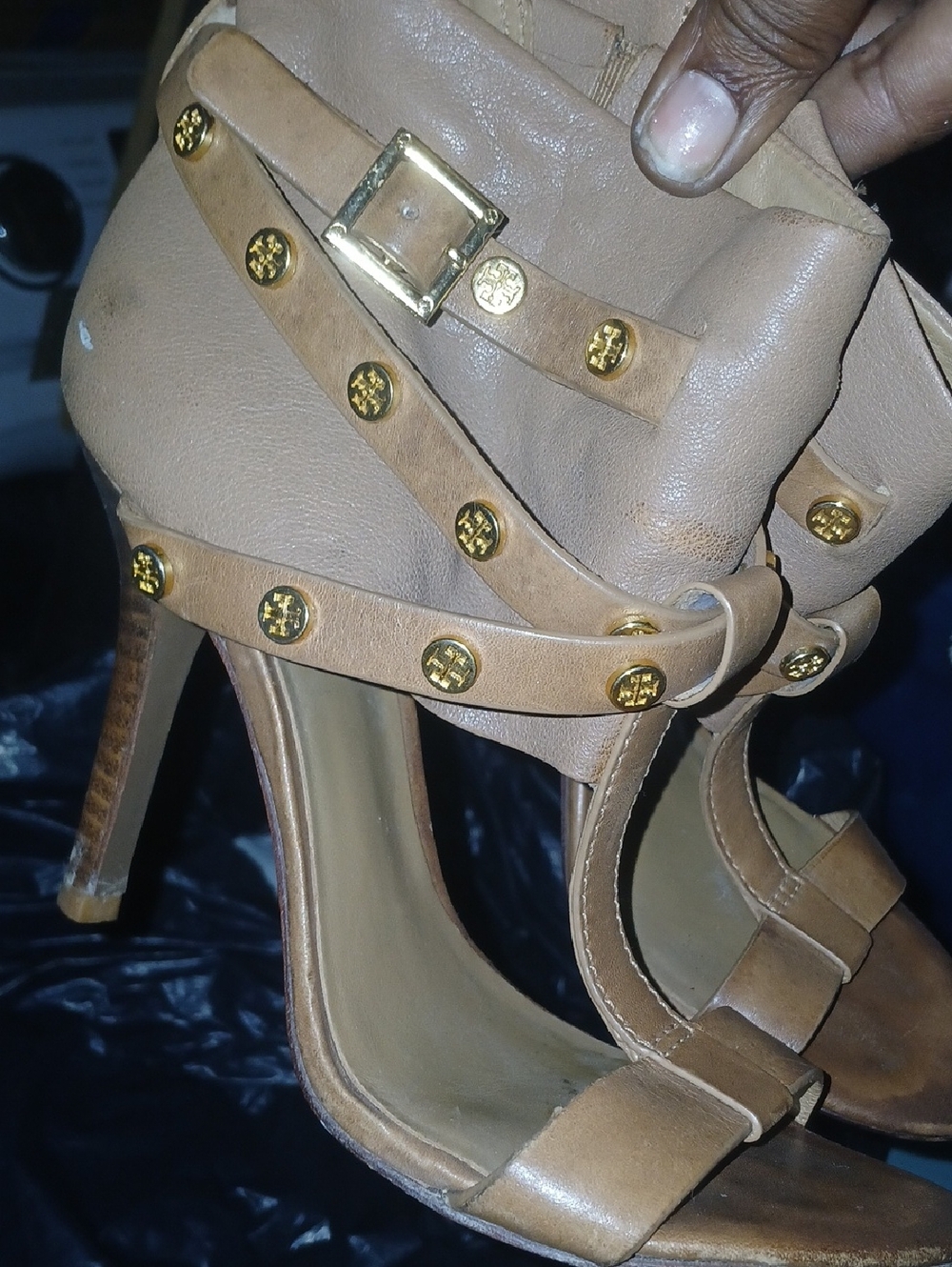 Tory Burch Tan Leather Studded High Heel Sandals with Gold Accents